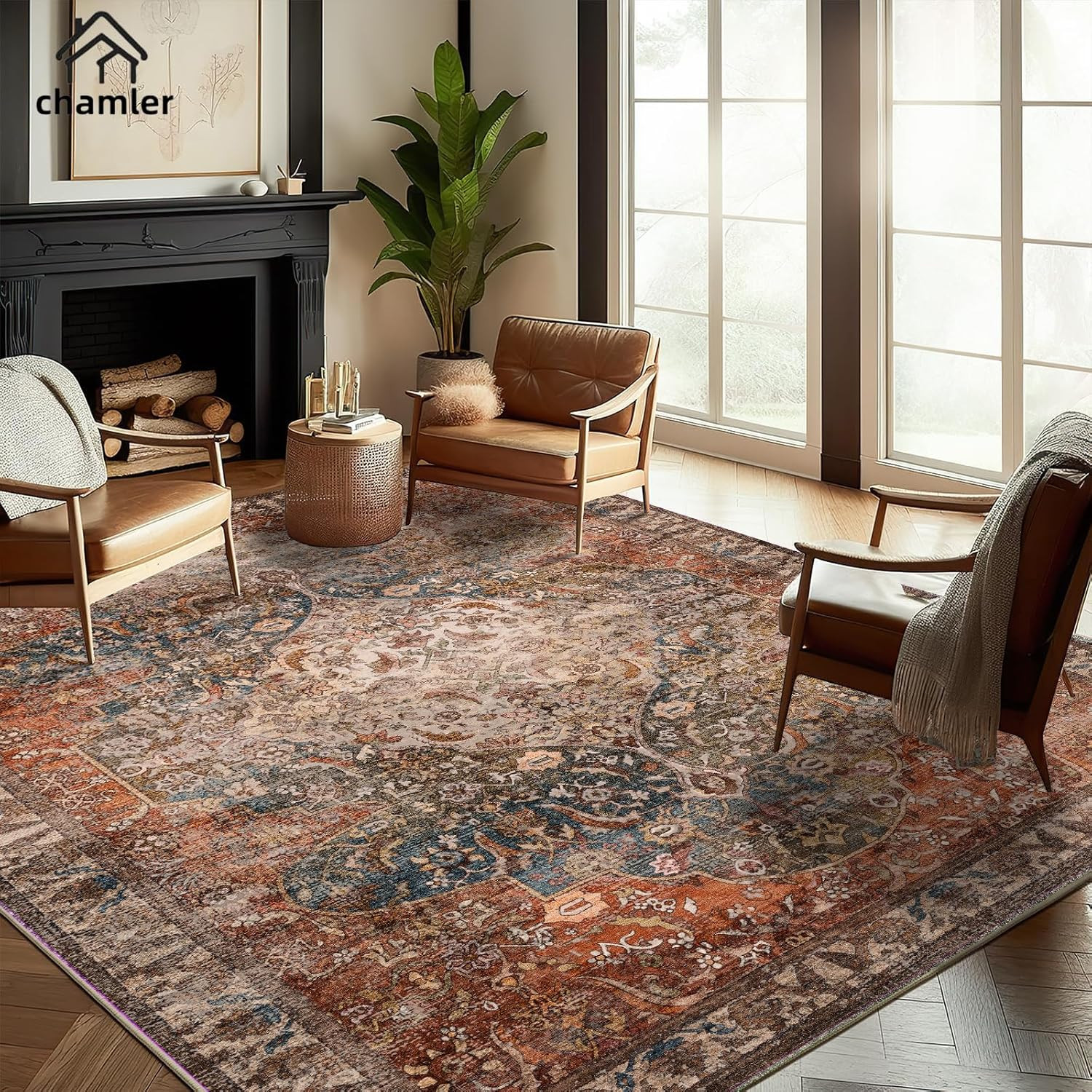 3X5 Area Rug Vintage Washable Thin Tangerine Traditional Floor Cover Foldable In