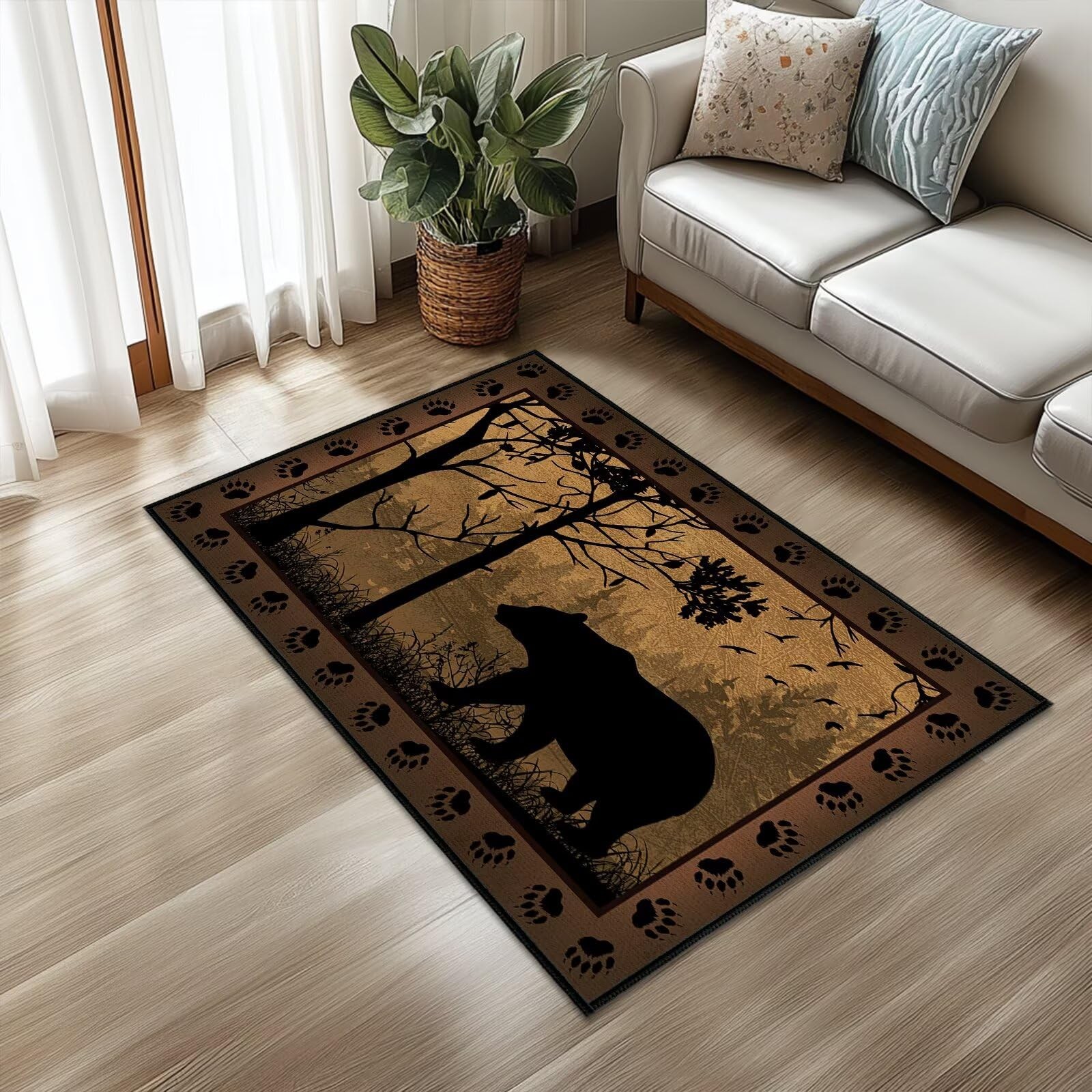 Brown Washable Entry Rug 2×3 NonSlip Low Pile Indoor Door Mat Bear Cabin