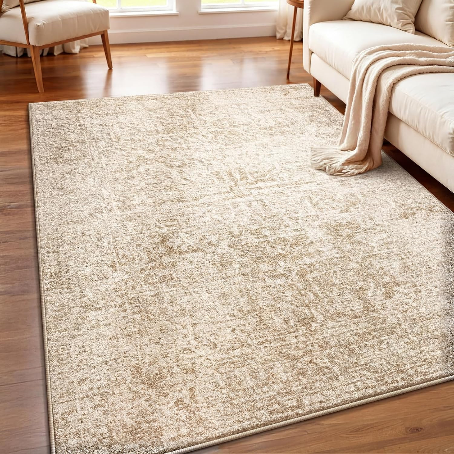 5X7 Washable Area Rug, Vintage Distressed Boho Faux Cashmere Rug, Soft Low Pile