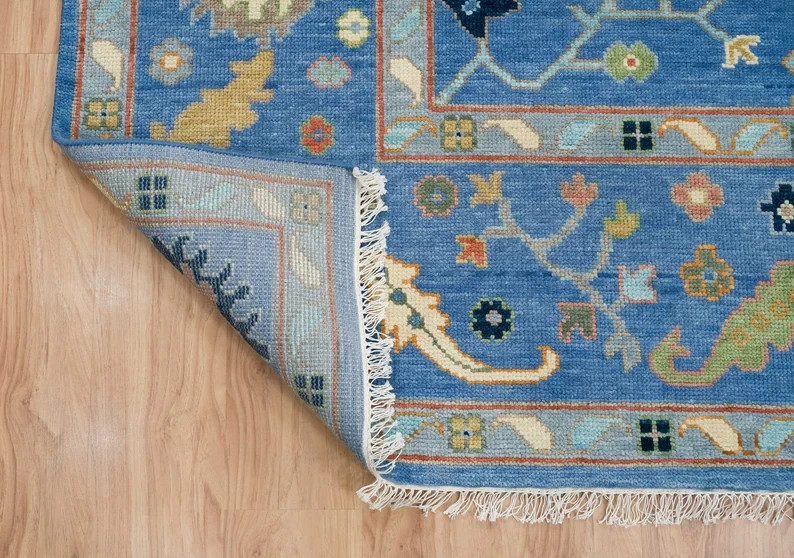 Blue Wool Oushak Rug, Handwoven Floral Turkish Rug