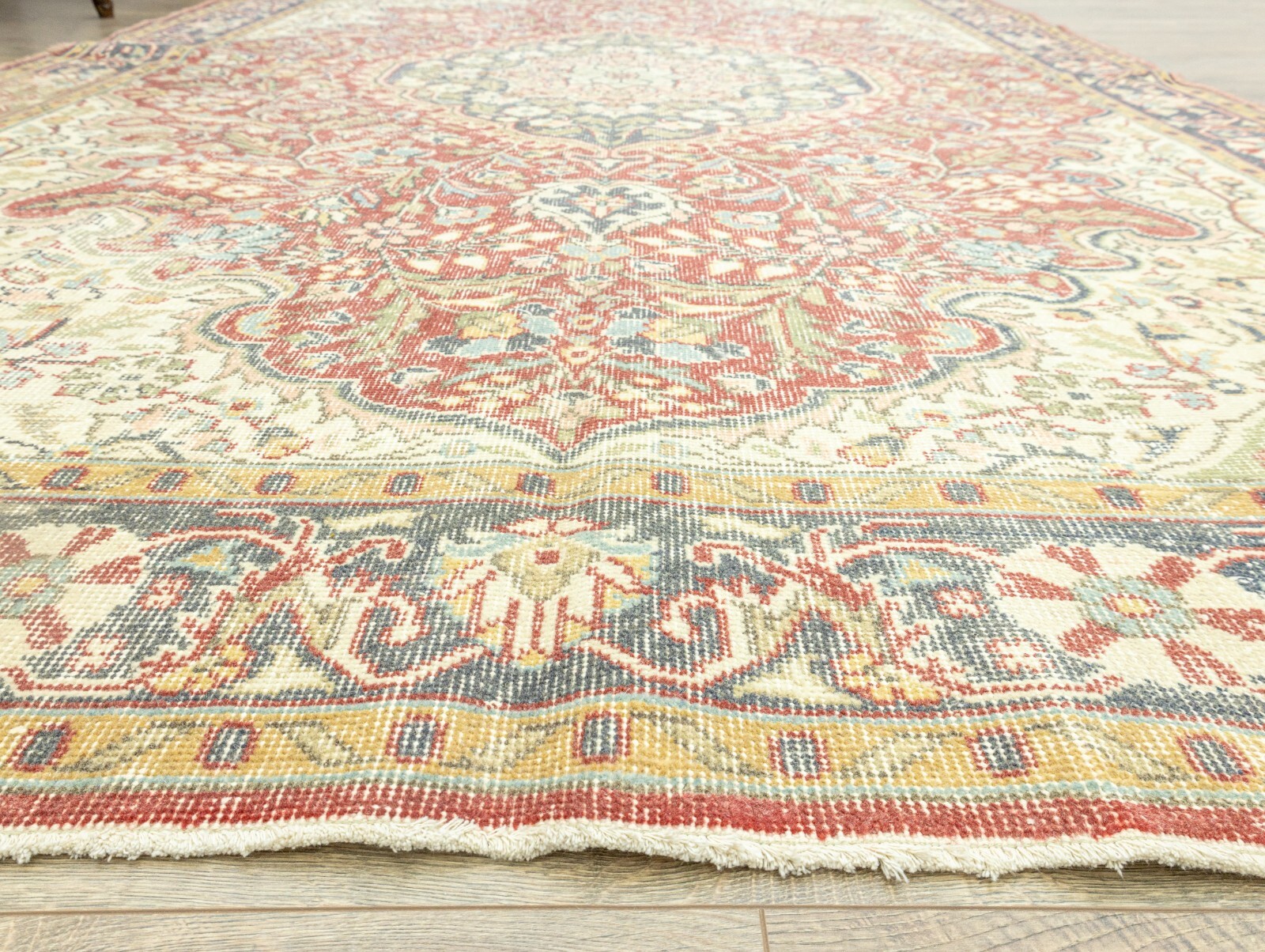 Turkish Oushak Rug 6.8 x 10.6 ft, Cranberry Red Cream, Classic Living Room Decor