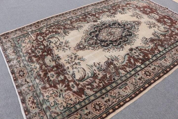 5,9×9,2 ft Rug, Turkish Vintage Rug, Brown Beige Check Rug