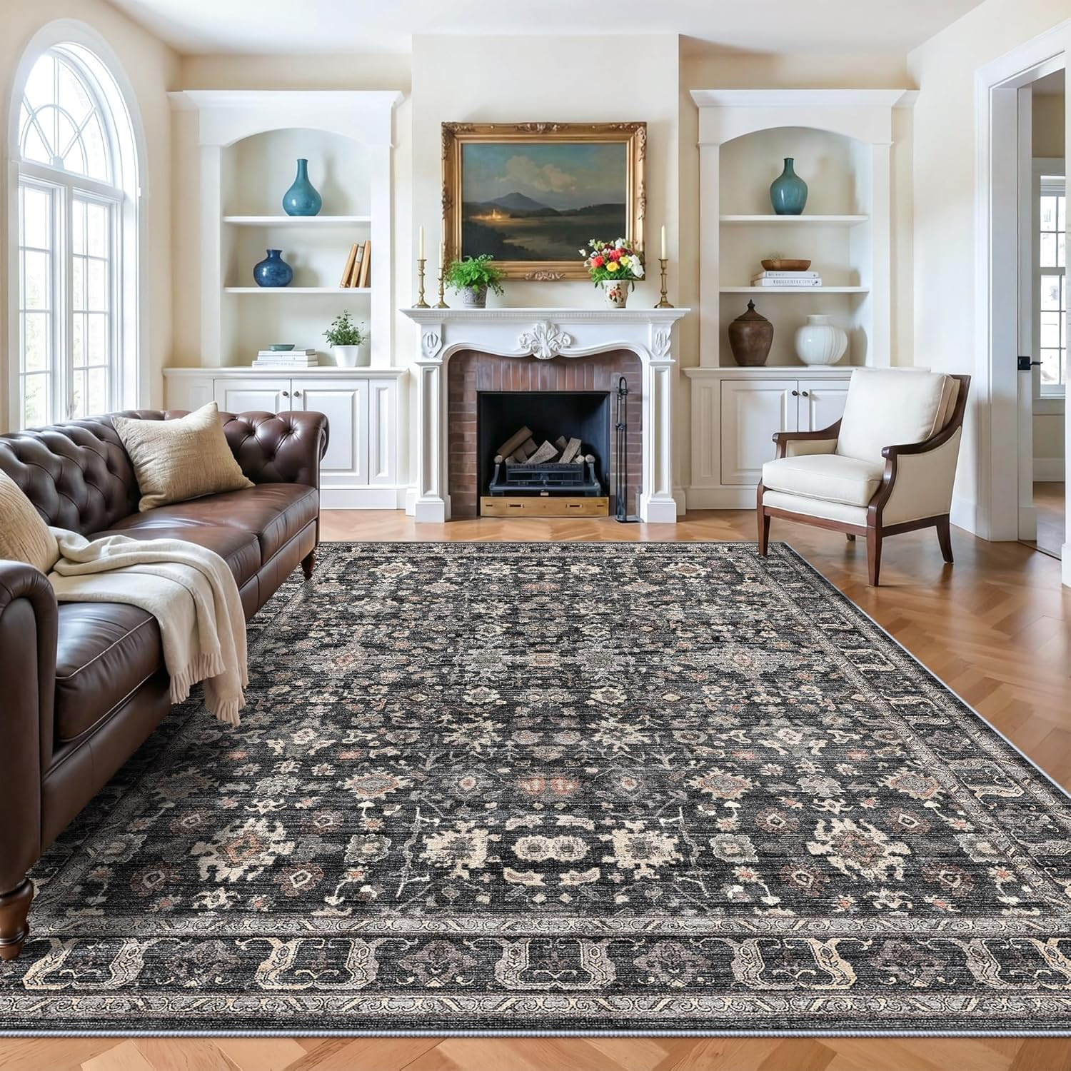 7X9 Area Rug Living Room Rugs – Washable Soft Low Pile Thin No Slip Rug – Vintag