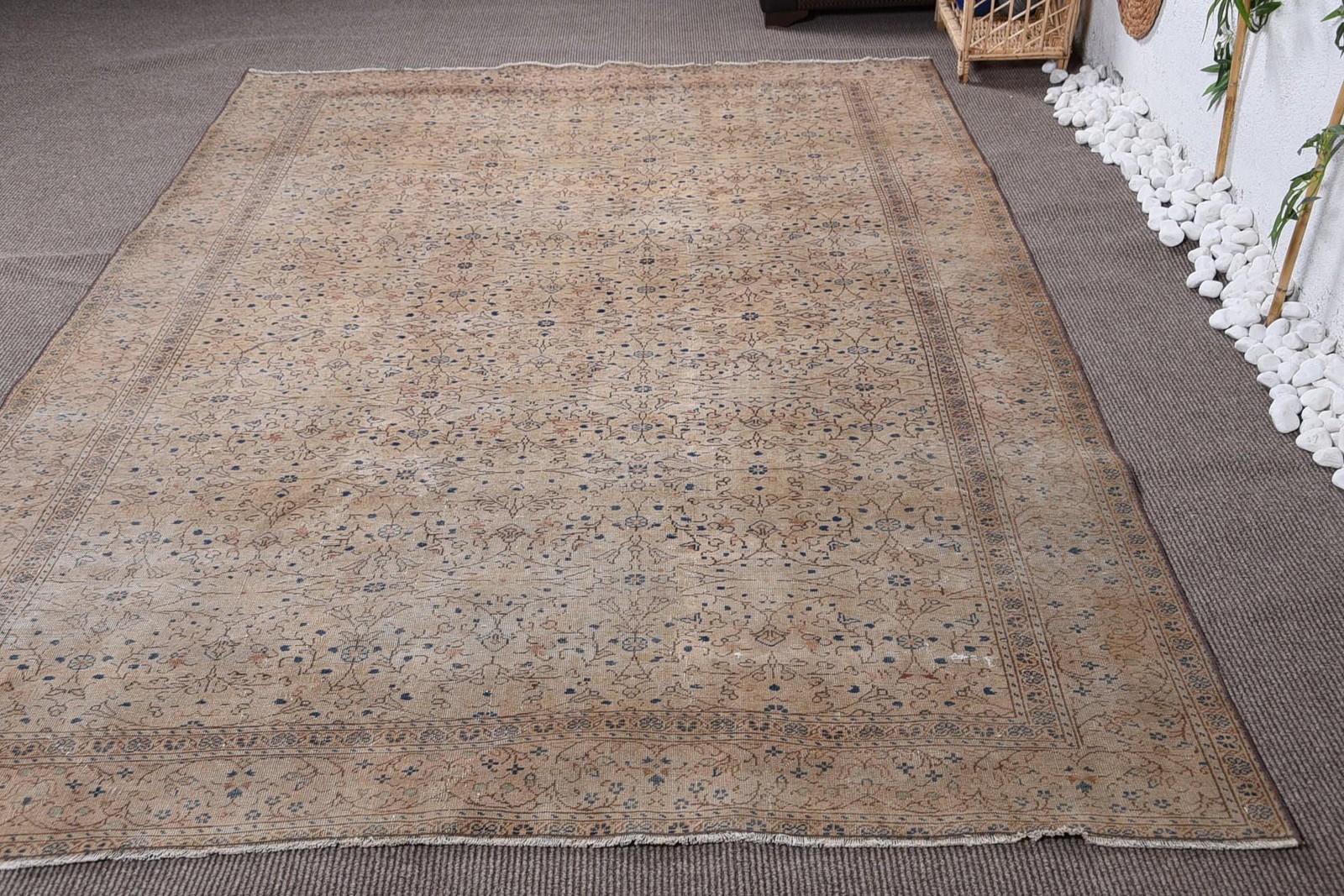 Turkish Large Rug 6,4×9,4 ft, Beige Brown Plants & trees Rug Wool