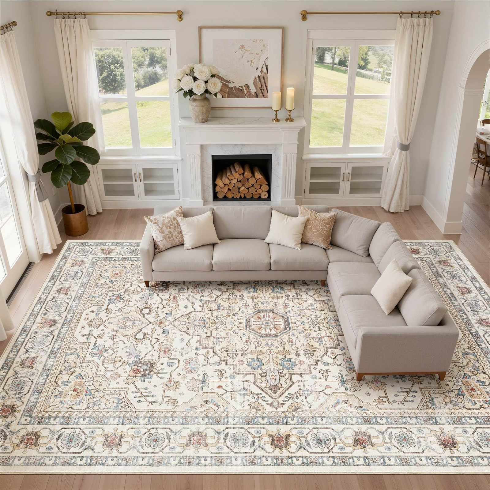10×14 Area Rugs Living Room Washable Boho Large Neutral Vintage Soft Rug Stai…
