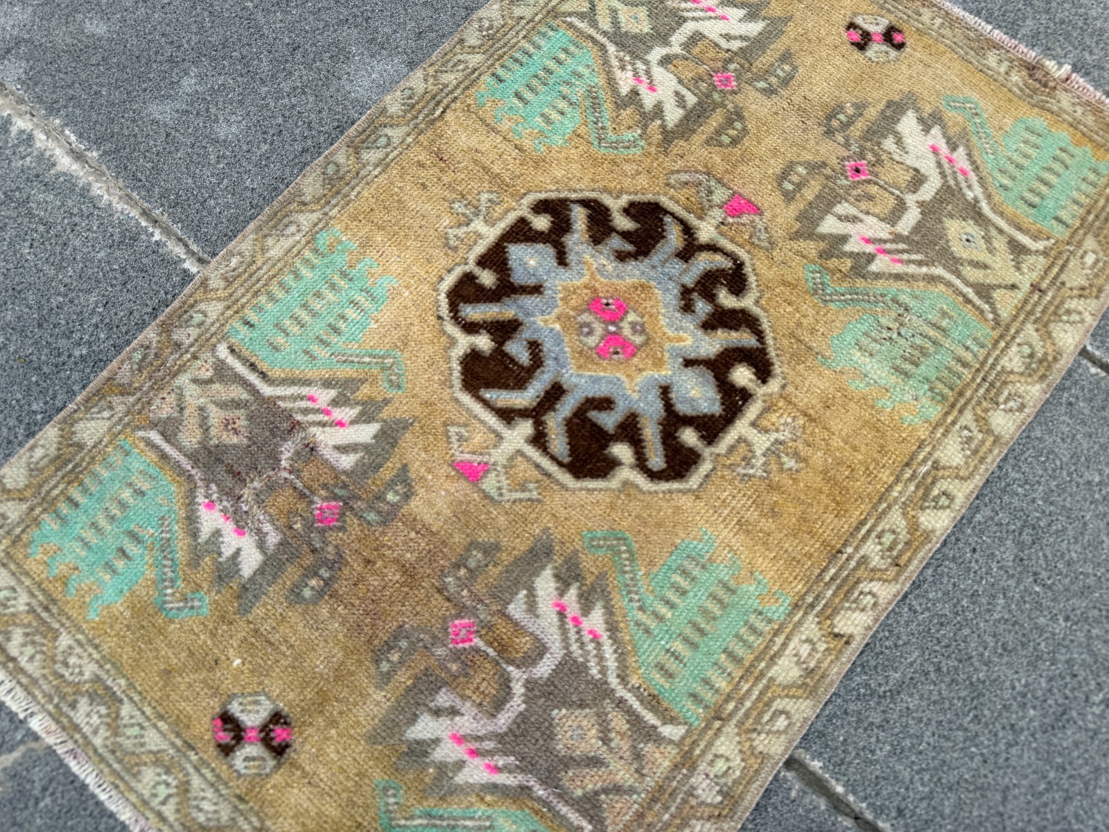 Vintage Turkish Oushak Rug 1.4×2.3 ft Mustard Gold Door Mat Accent Rug