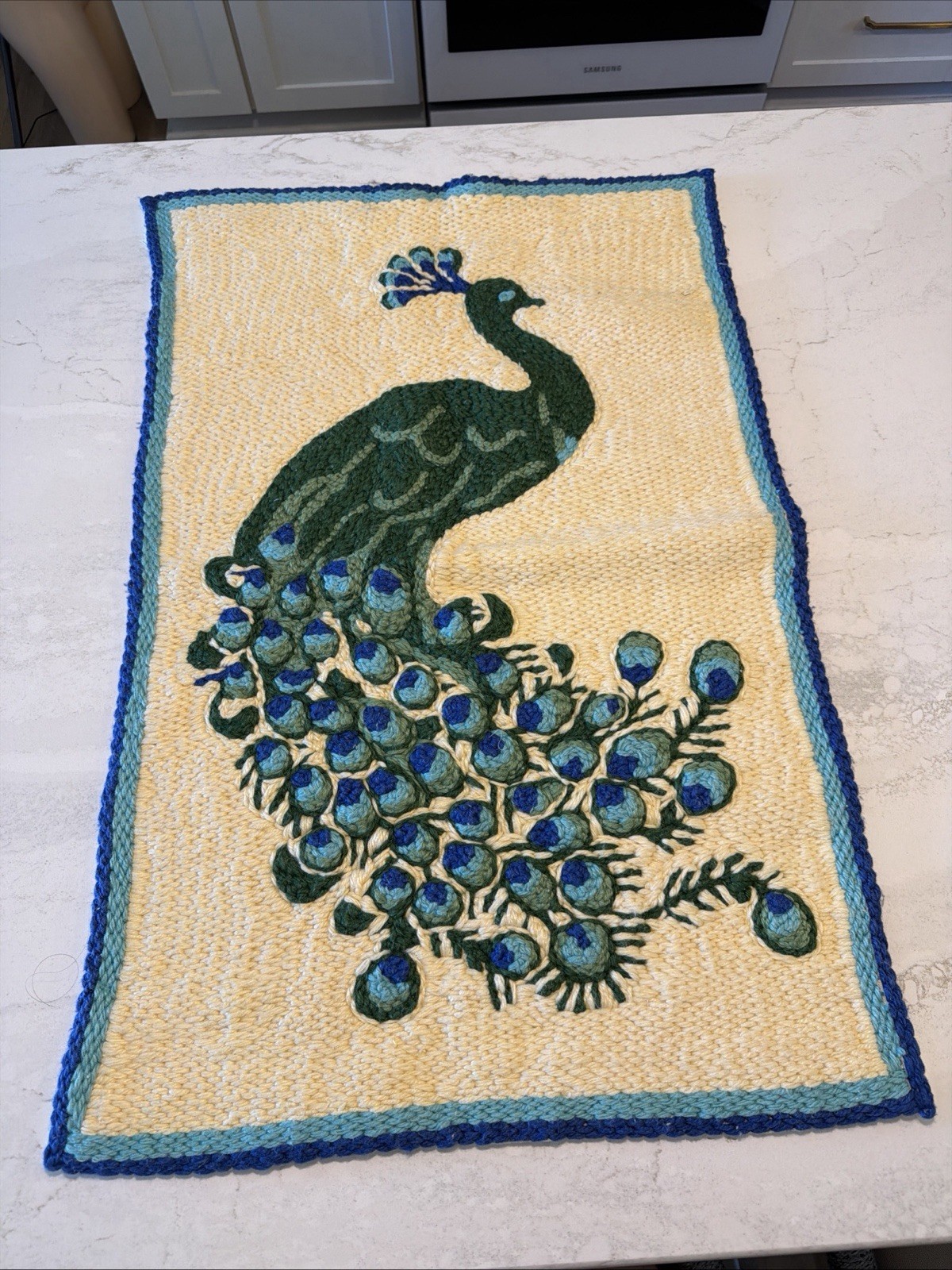 Vintage Handmade Peacock Rug Poss. Aunt Lydia Heavy yarn 1960s MCM Folk art