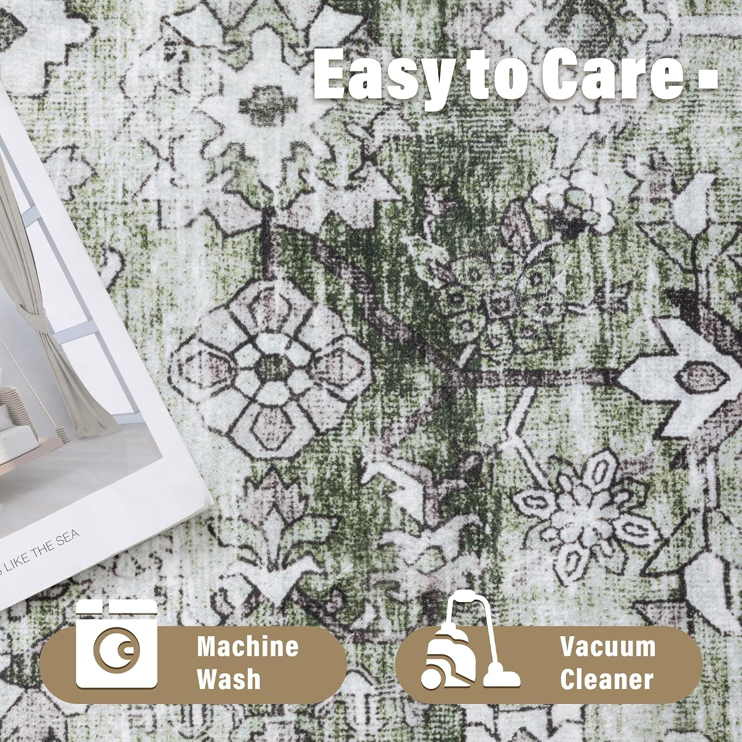 5X7 Area Rug – Sage Green Vintage Distressed Floral Carpet, Ultra Soft Low Pile