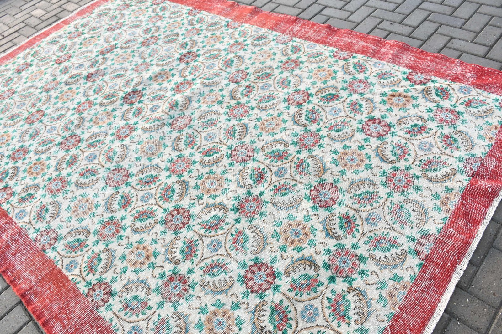 Turkish 6,9×10,2 ft Rug, Vintage Rug, Red Polka dot Wool Rug