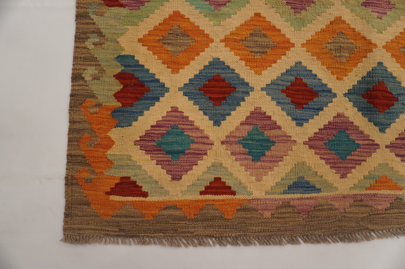 8×11 ft Beige Afghan Handmade Geometric Wool Kilim Area Rug (8’4″x11’4″)
