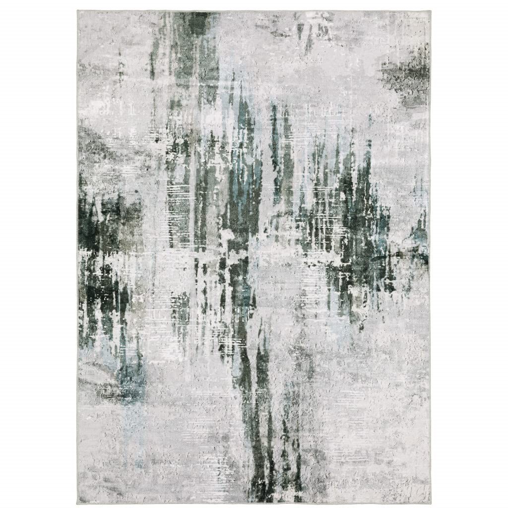 4′ X 6′ Silver Grey Teal Blue And Charcoal Abstract Printed Stain Resistant Non