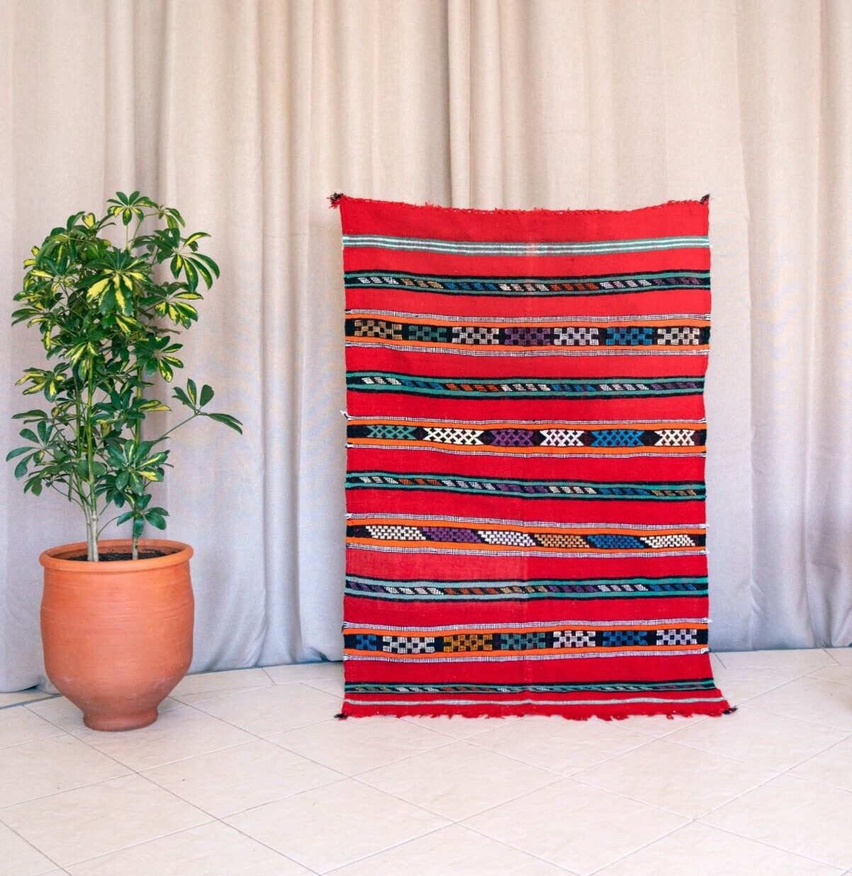 3×5 ( 90×140 )cm Moroccan Handmade Red Area Rug Kilim Wool Berber Flat Boho