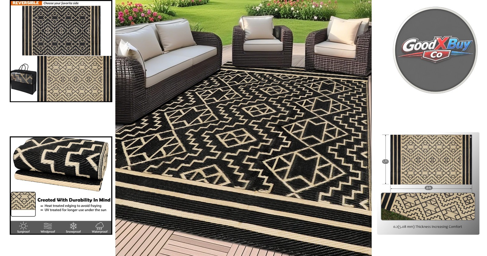 Reversible Plastic Rug 5×8 Outdoor Patio RV Beach Deck Black Beige