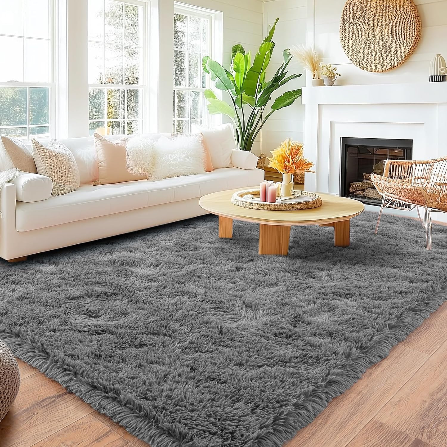 Quntue 8×10 Grey Shag Rug Ultra Soft Plush High Pile Non-Slip Area Carpet