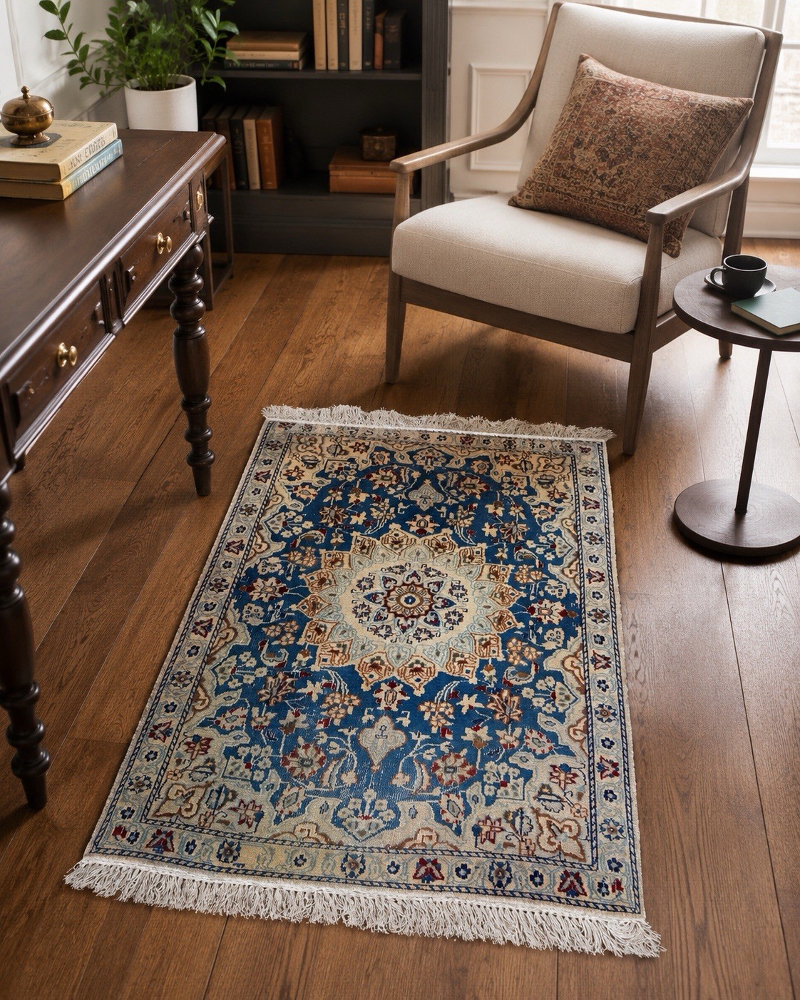 Vintage Blue Ivory Wool Nain Area Rug 3×4 Traditional Medallion Hand Knotted