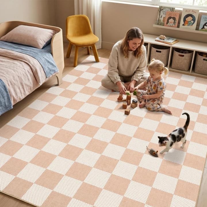 Checkered Blush Beige 8×10 Washable Rug Low-Pile Bedroom Nursery