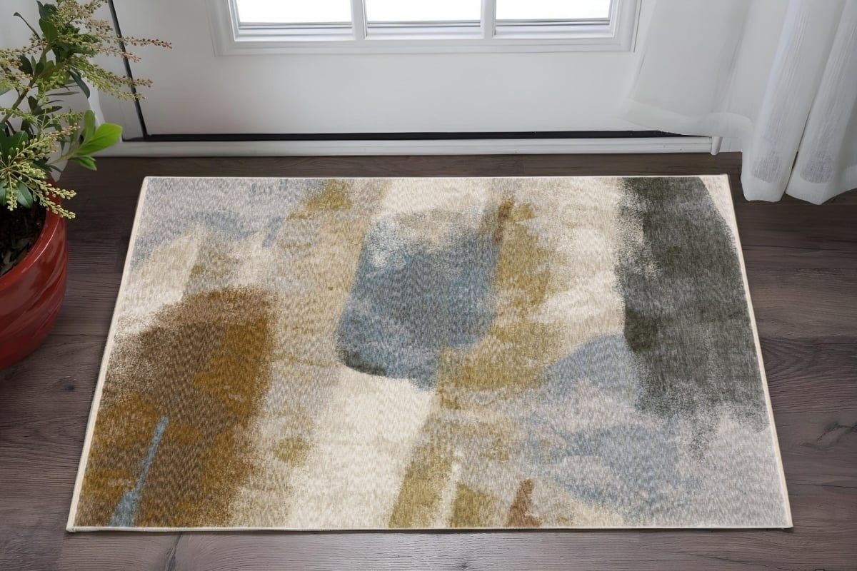 3′ X 5′ Beige And Rust Abstract Area Rug With Fringe
