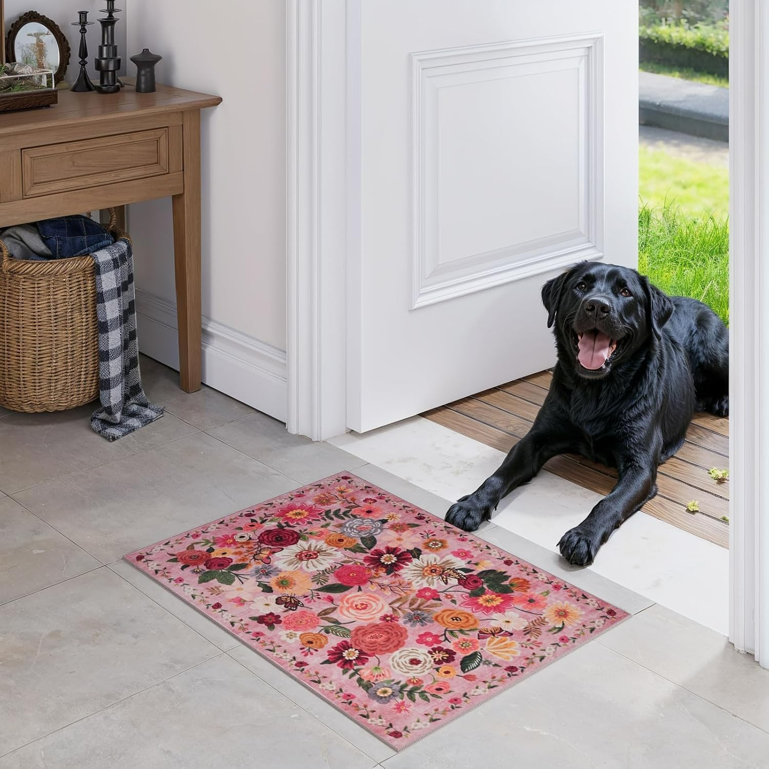 Ultra-Thin Pink Floral Non-Slip Mat – 24×17 Inch Bath Rug for Safe, Chic Spaces
