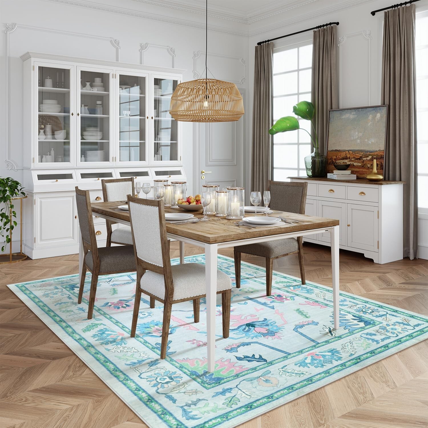 Uphome Living Room Rug 8×10 Rug, Teal Oushak Washable Rugs for Bedroom Aesthe…