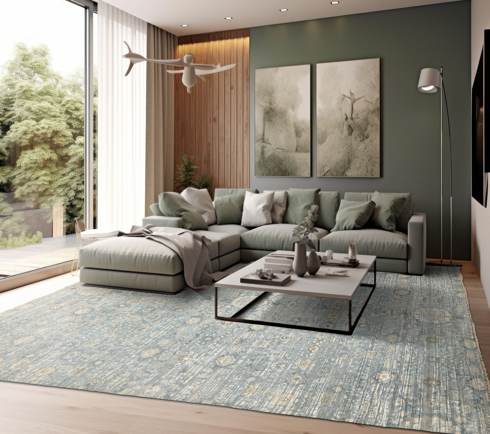 8’10″x11’6″ Hand Knotted Wool & Silk Aqua Tibetan Modern & Contemporary Rug