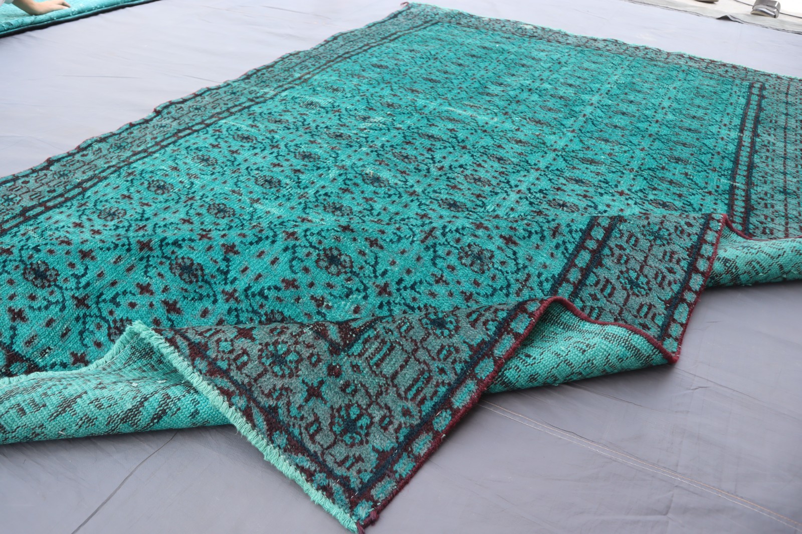 Turquoise Overdyed Rug 5’6×7’10 ft Afghan Handmade Floral Low Pile Kitchen Rug