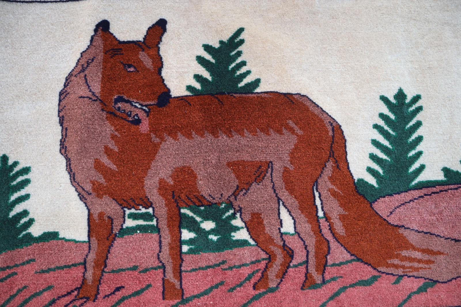 3×4 ft Afghan Handmade Pictorial Wolf rug, Nomadic Animal Print Wall Hanging Rug