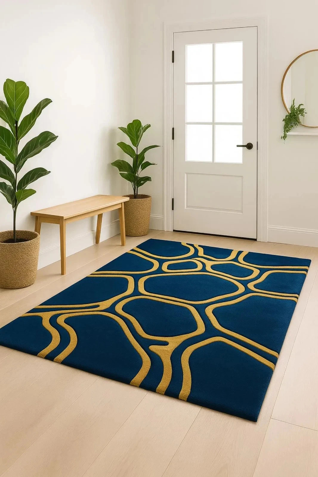 Hand Tufted Abstract Area Rug – New Zealand Wool Blue & Gold 6×8|8×10| living
