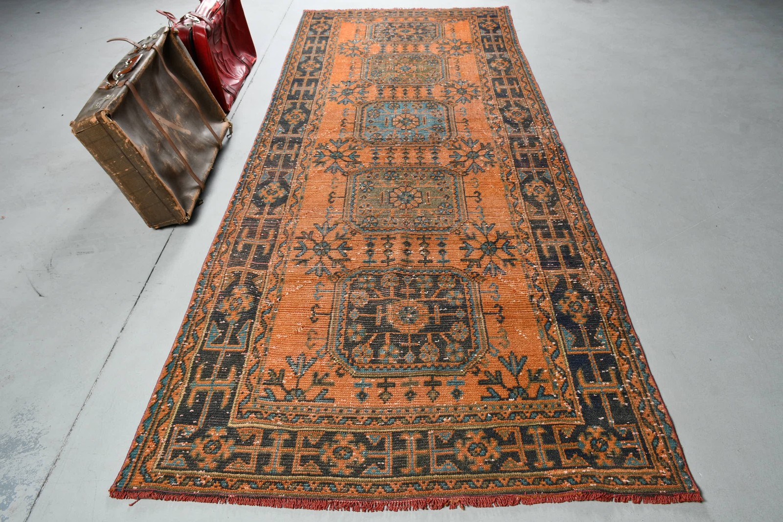 4,5×10,5 ft Vintage Rug, Orange Oriental Turkish Wool Rug