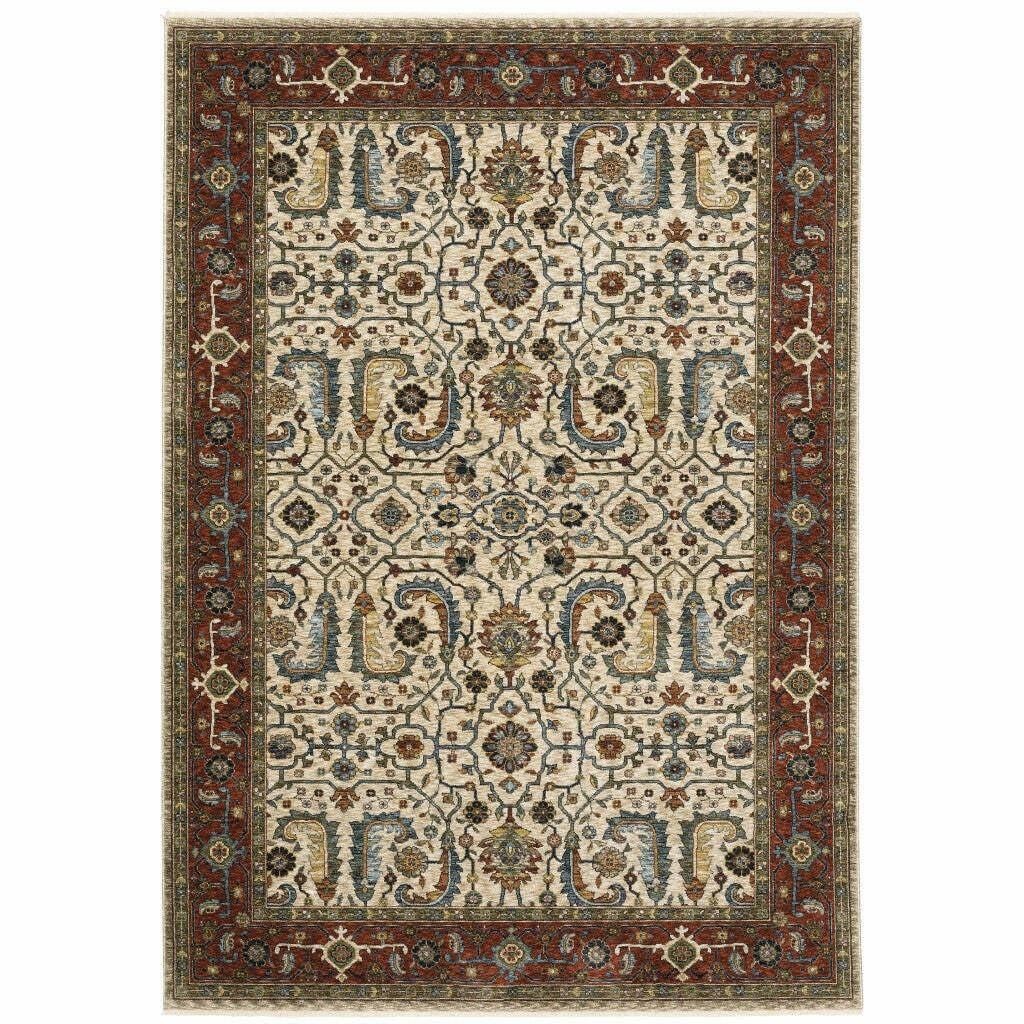 5′ X 8′ Ivory Red Green Grey Blue And Navy Oriental Power Loom Stain Resistant