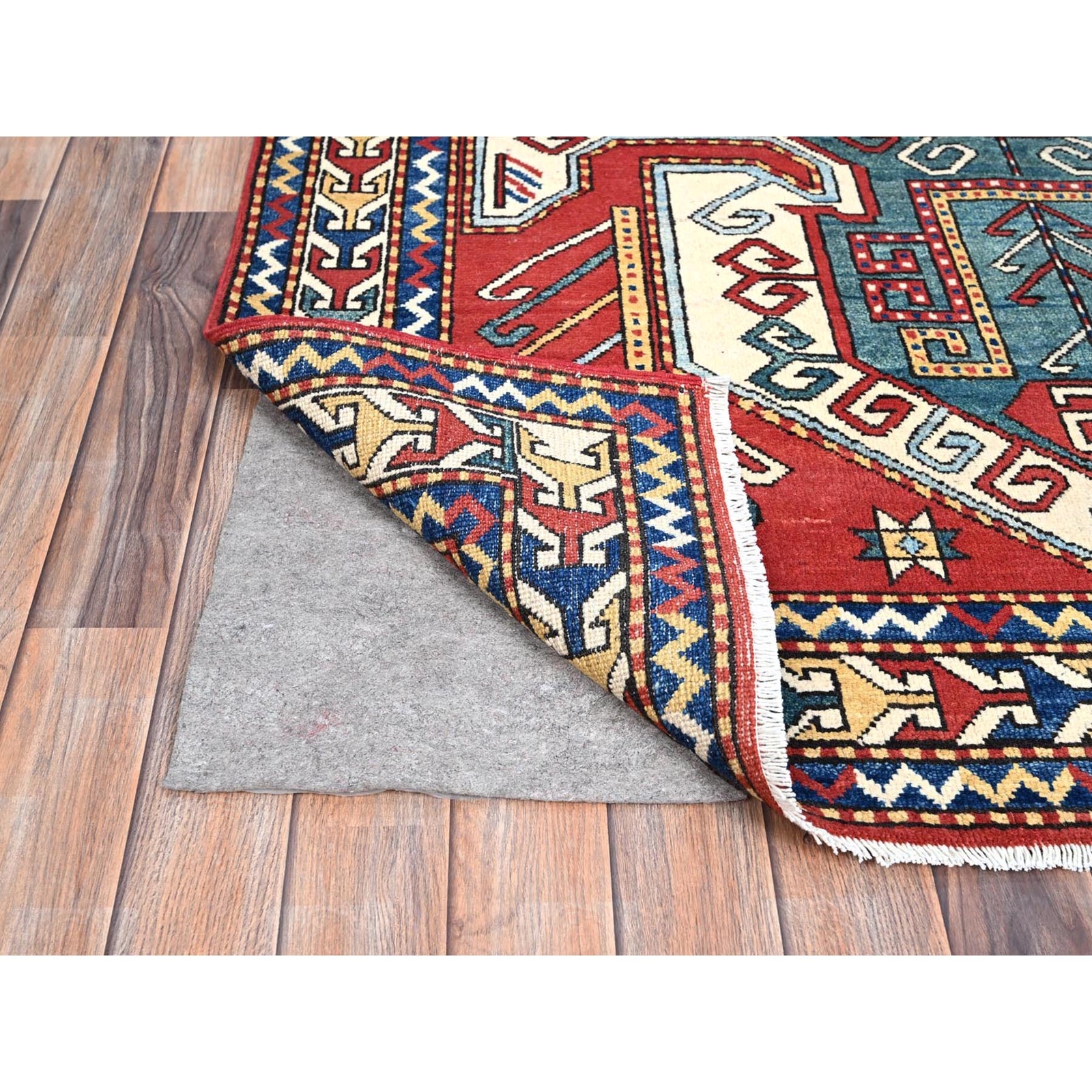 5’x6’6″ Pepperoni Red Wool Antiqued Caucasian Swan Kazak Hand Knotted Rug R86809