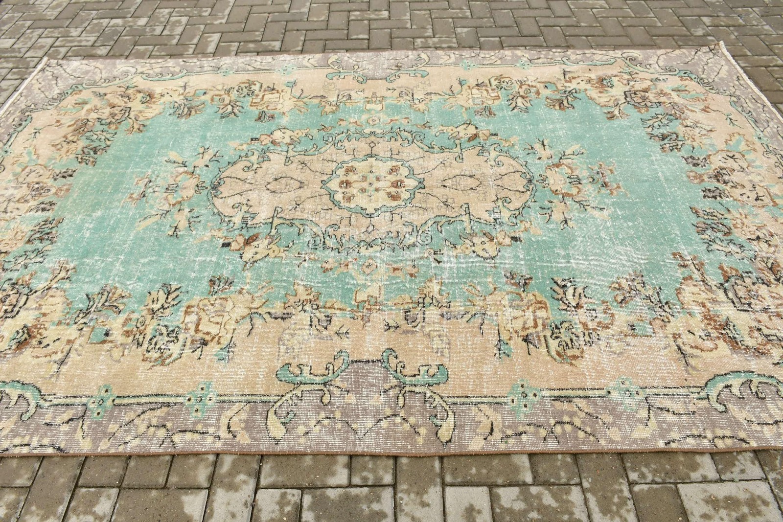 Vintage Large Rug 6,3×10,1 ft (192×307 cm), Turkish Green Handmade Rug