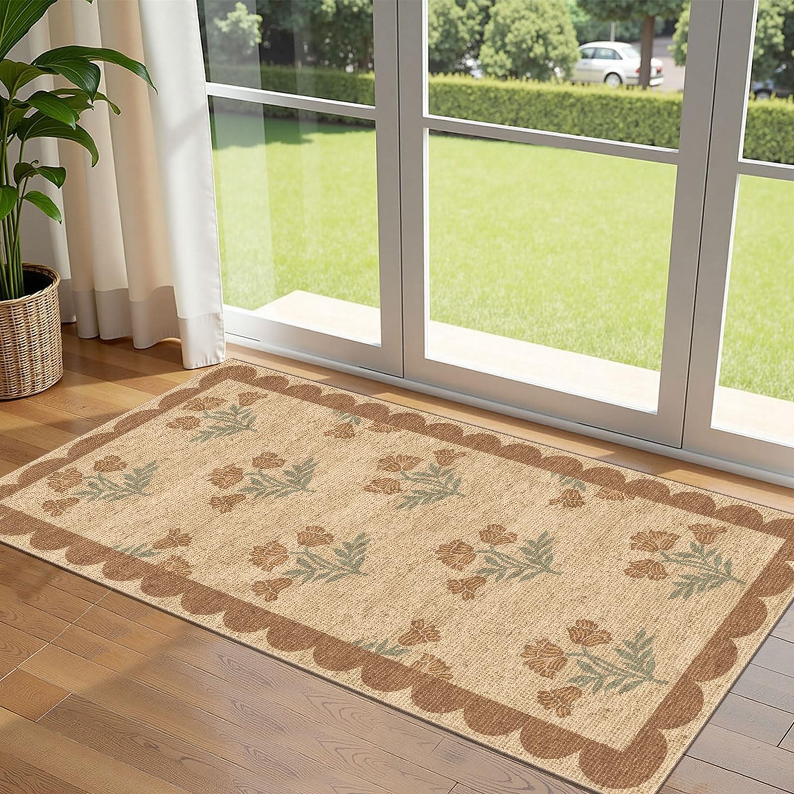 Front Door Mat Indoor Entrance – 2×4.3 Ft Tan Floral Washable Layered Doormat…