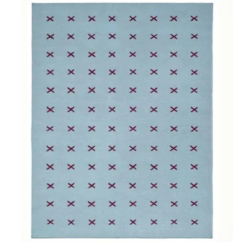 Handwoven Scandinavian Cross Wool Rug Blue Burgundy Minimalist Nordic Geometric