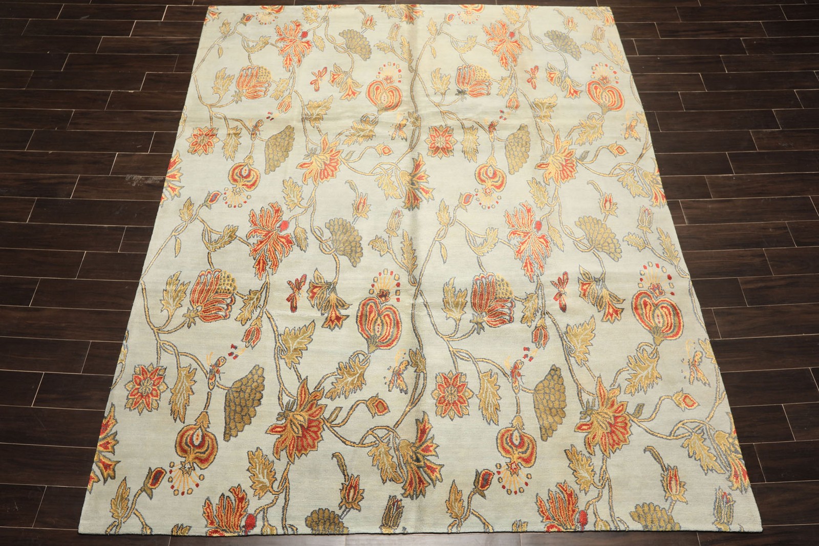 8×10 Hand Knotted Wool & Pure Silk Aqua, Burnt Orange Tibetan Arts & Crafts Rug