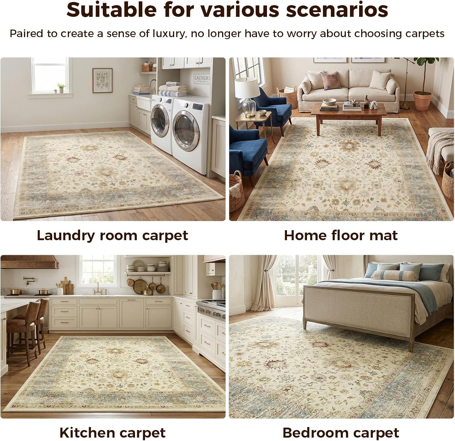 8X10 Feet Washable Vintage Bohemian Floral Area Rug – Non-Slip Foldable Floor Ma