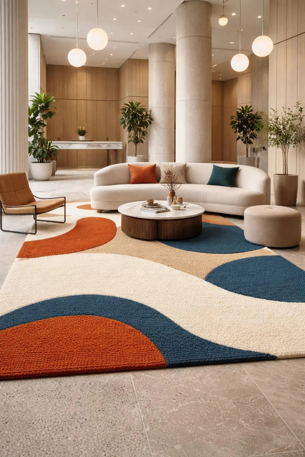 Modern Abstract Hand Tufted Rug – Cream, Burnt Orange & Teal Blue Area Rug