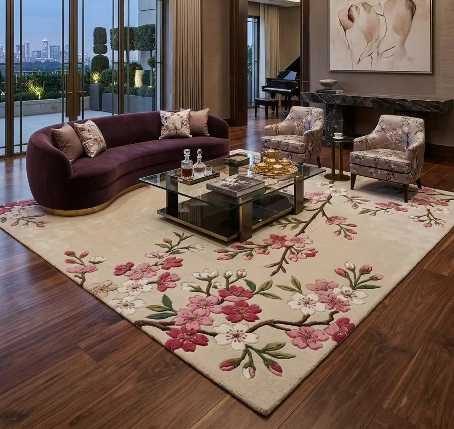 Cherry Blossom Area Rug, Floral Sakura Beige Carpet, Japanese Botanical Living