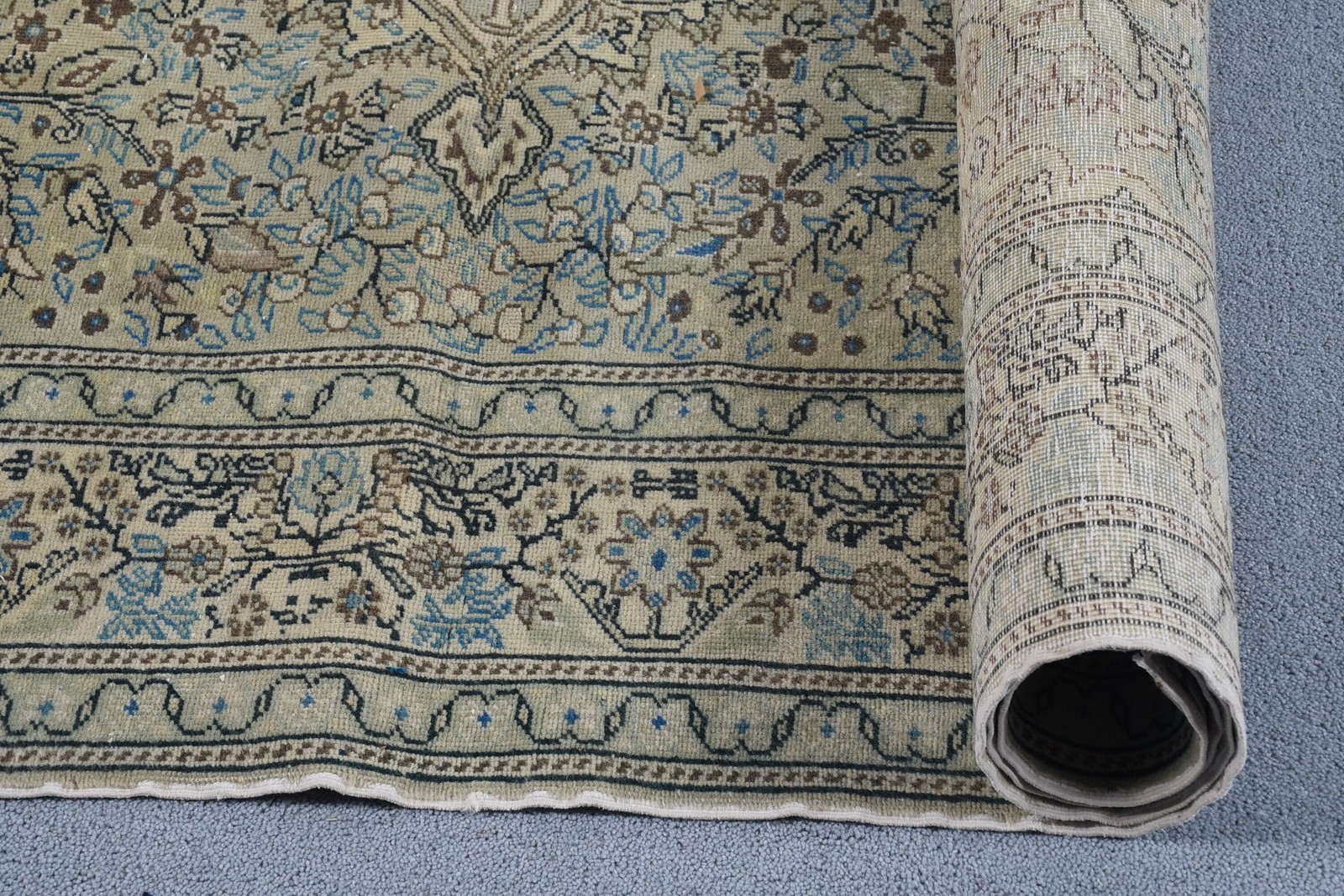 6,41×9,7 ft Rug, Vintage Turkish Rug, Blue Floral Wool Rug