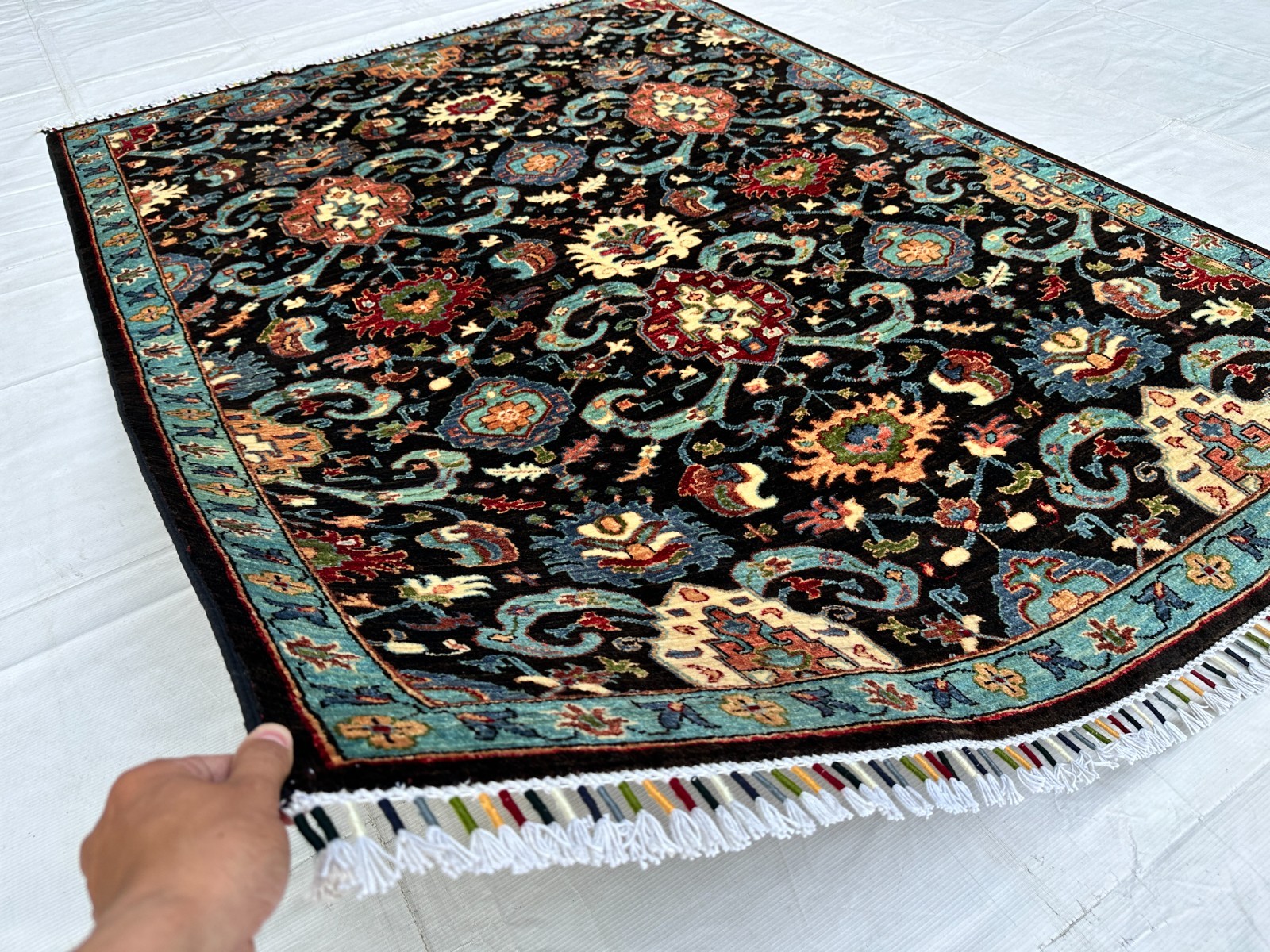 4.10×6.6 Afghan Bijar Rug Black Turquoise Rust Handmade Wool Floral Area Carpet