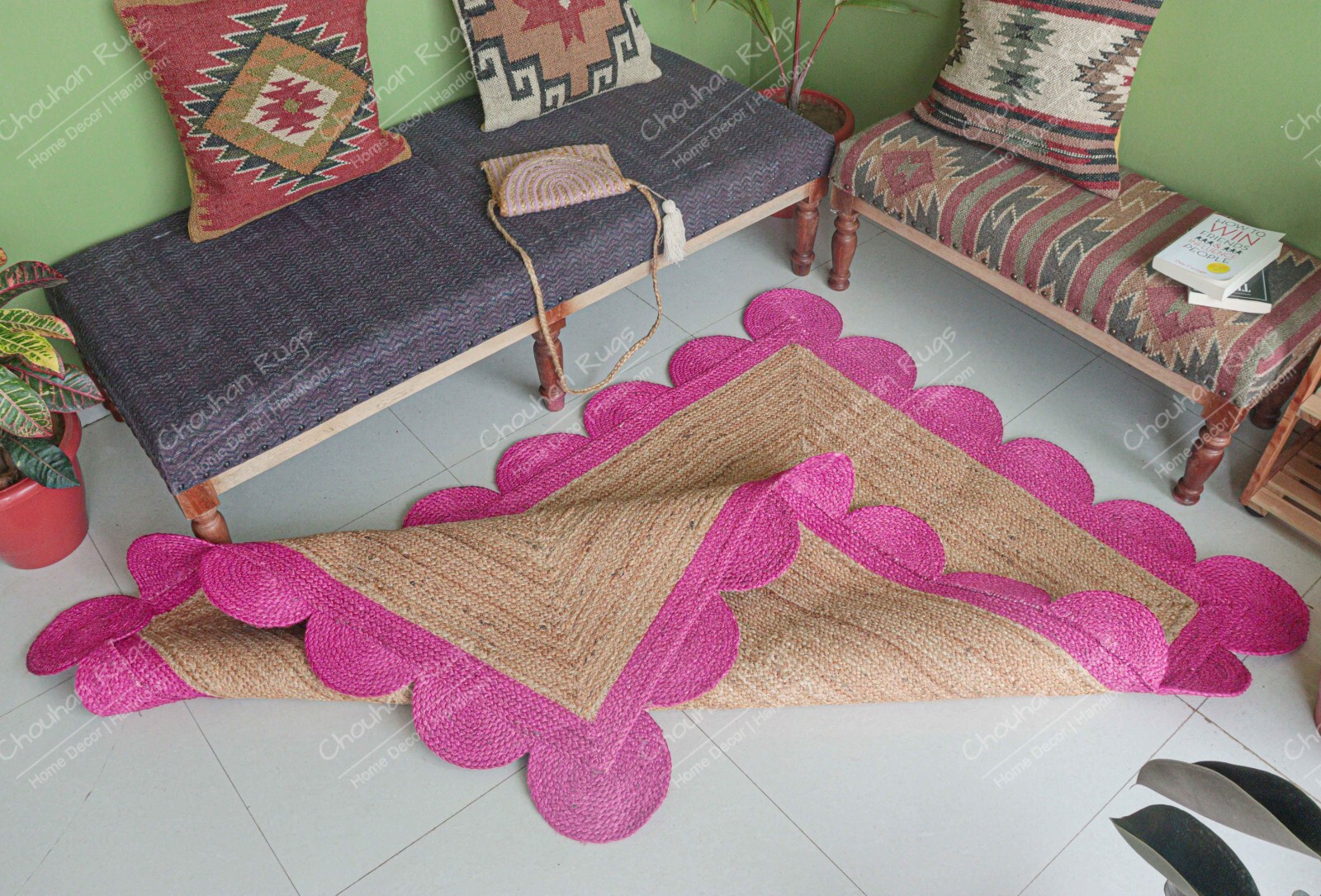 Natural Braided Jute Rug Beige & Pink Scalloped Large Area Rug Home Decorative