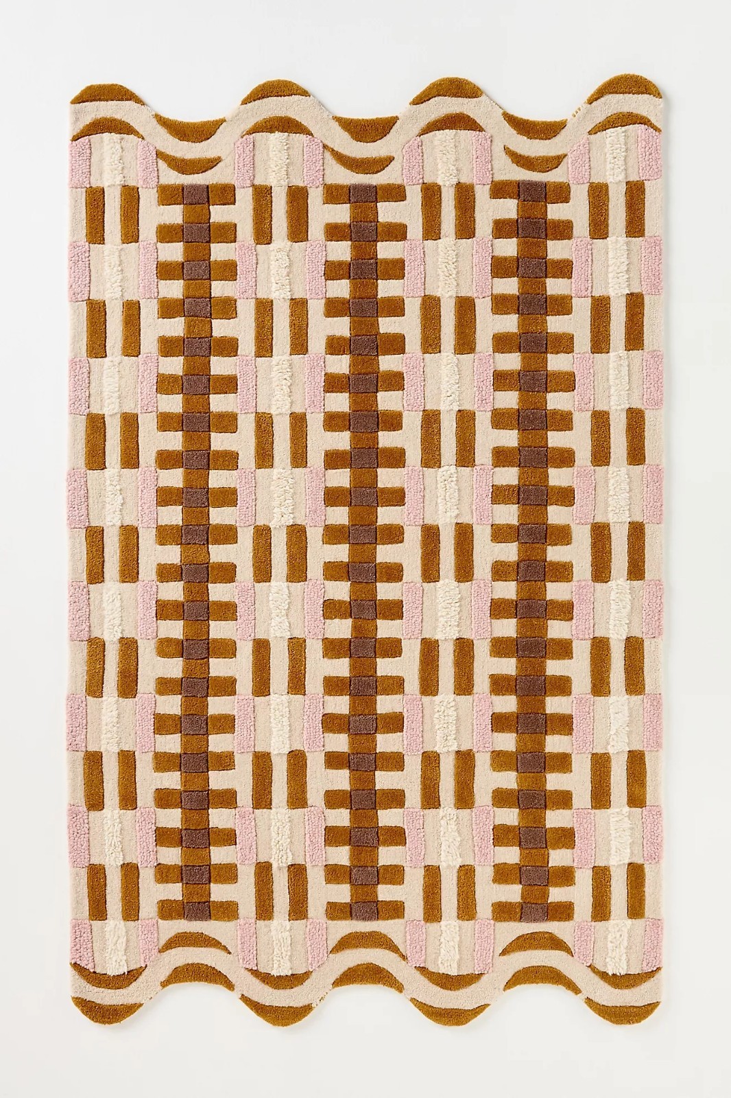 Hand Tufted Wool Scalloped Edge Geometric Checkered Area Rug Pink Brown