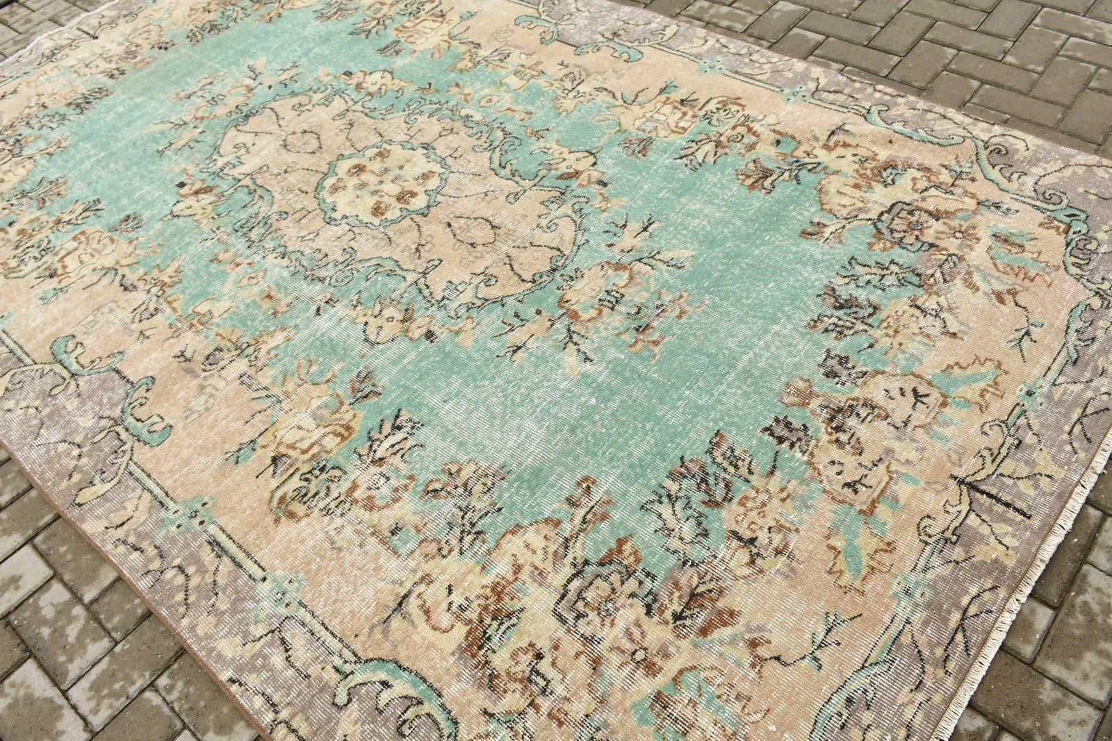 Vintage Large Rug 6,3×10,1 ft (192×307 cm), Turkish Green Handmade Rug