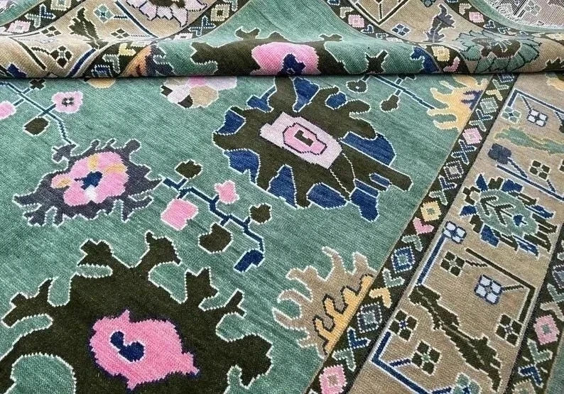 Hand Knotted Turkish Oushak Rug Green Wool Floral Vintage Style Area Rug
