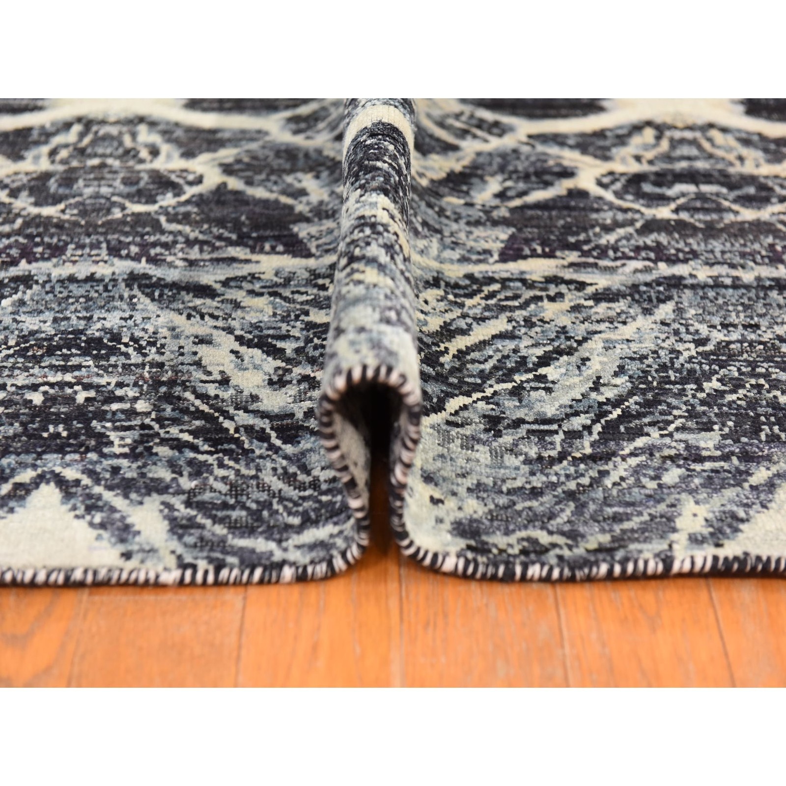 8’8″x12′ Charcoal Black Pure Silk Fossil Design Hand Knotted Oriental Rug 78739