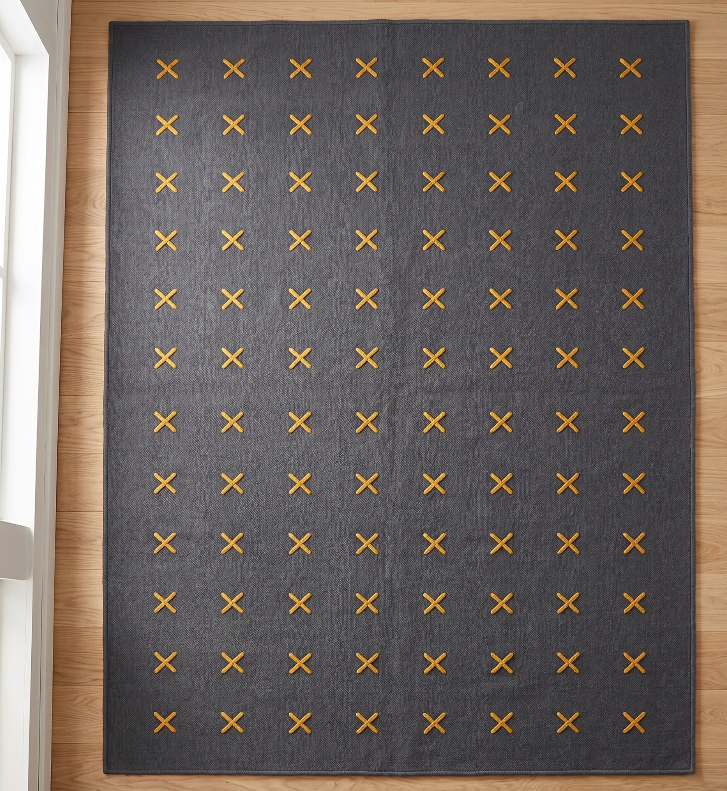 Modern Charcoal Gray Area Rug 8×10 Mid Century Yellow Cross Pattern Boho Carpet