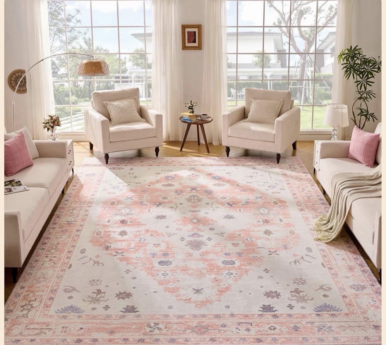 9x12ft Pink & Beige Traditional Floral Area Rug Washable Non-Slip Woven