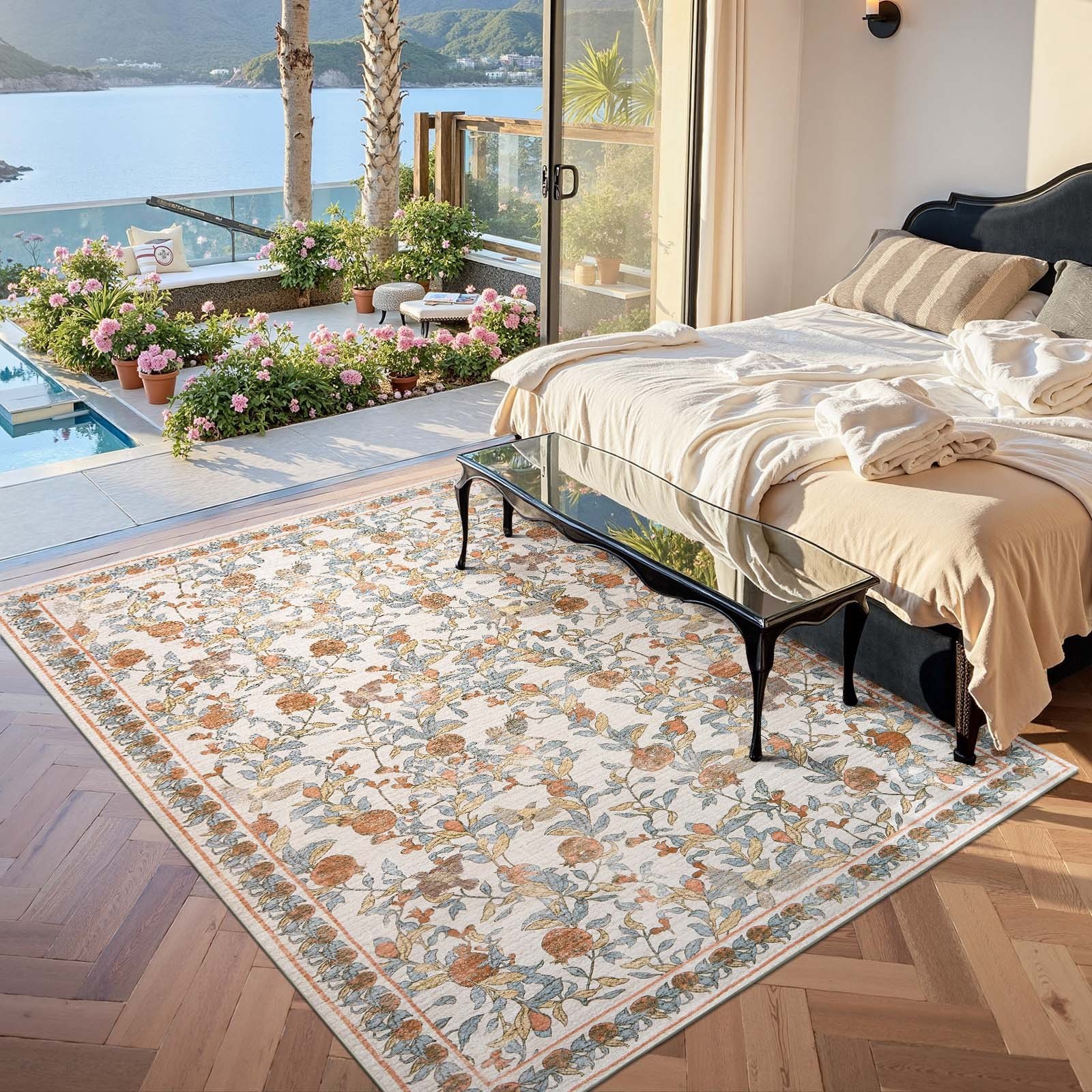 4×6 Vintage Floral Area Rug Washable Non-Slip Living Room Bedroom Dark Red