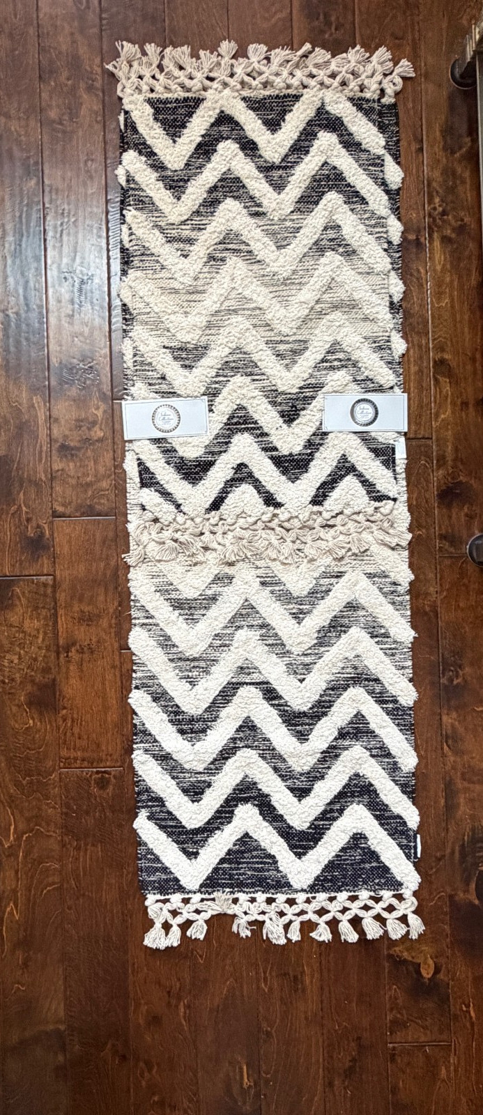 SAHARA COLLECTION THROW RUGS TASSEL TRIM BOHO black/cream Set 2 22×60/20×32 NWT