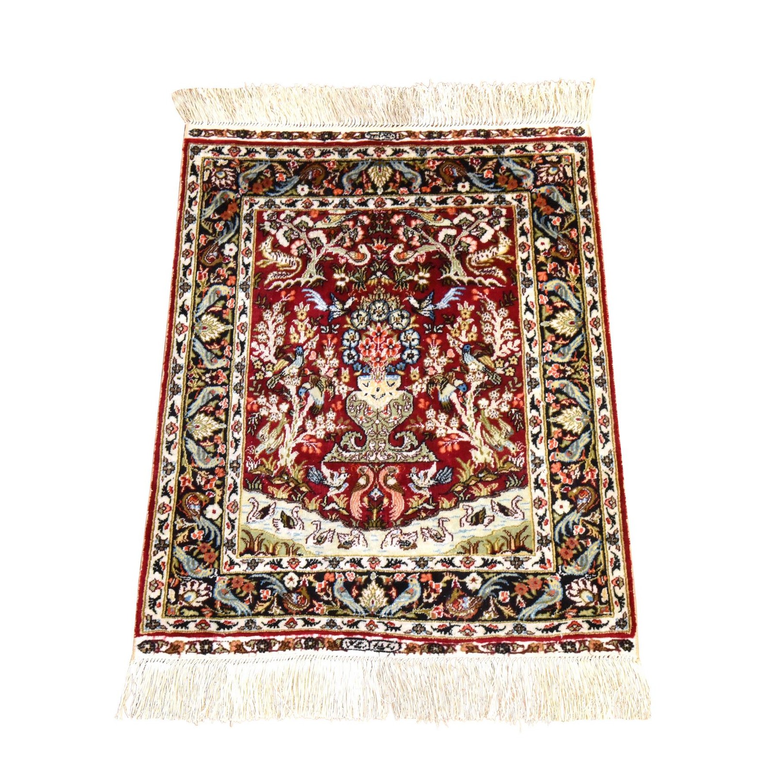 1’7″x2′ Red Fine Zoroastrian Pure Silk 400 KPSI Vase Design Hand Knotted Mat Rug