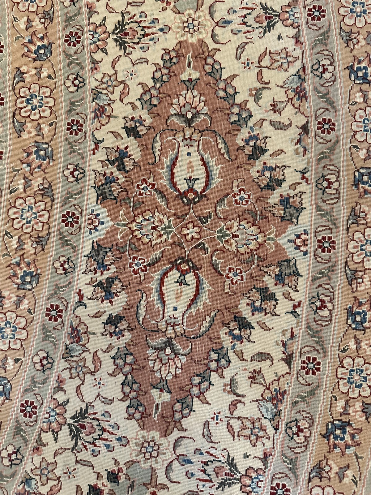 Large 102″ Nain-Style Round Floral Area Rug Fringe Ivory Burgundy Blue